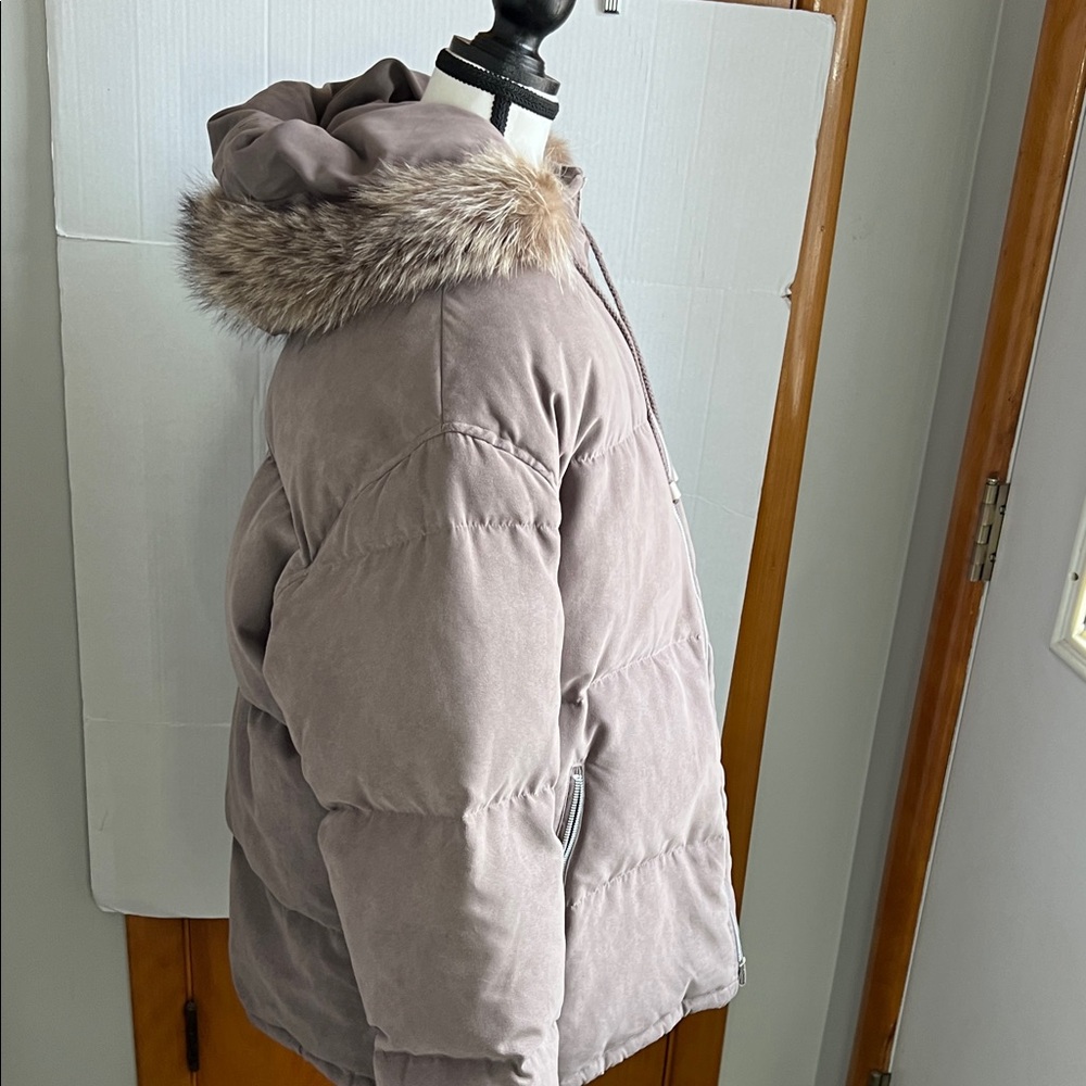 Anne Klein II, real down, Brown Hooded Jacket with Faux Fur Trim - Picture 3 of 11
